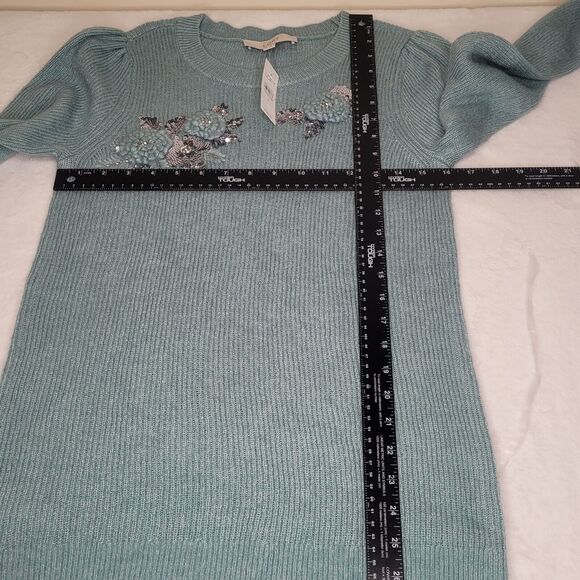 Ann Taylor Loft Blue Floral Appliqué Embroidered Sweater Puff Sleeve Small NWT - Picture 6 of 8